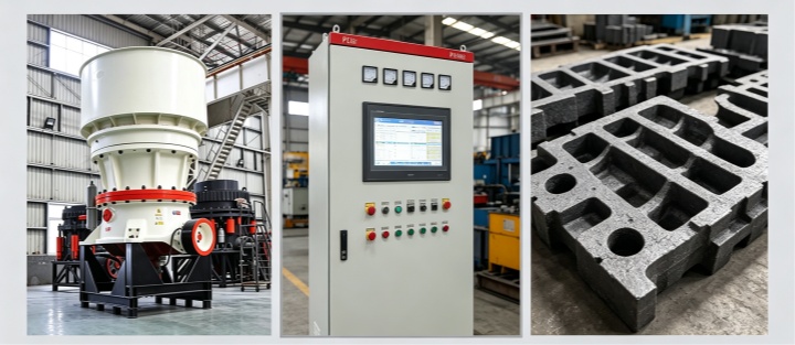 Key components influencing cone crusher price: crusher main body, PLC control cabinet, and manganese wear liners collage