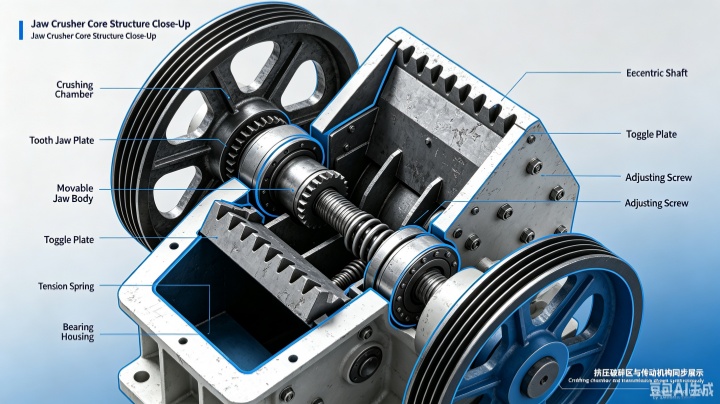 Jaw crusher core structure close‑up diagram with component labels