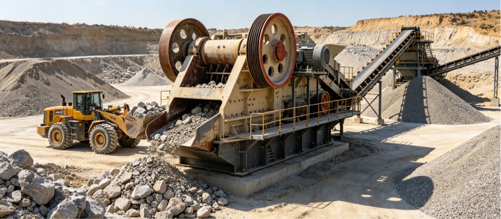 Primary jaw crusher working in quarry crushing plant for aggregate production